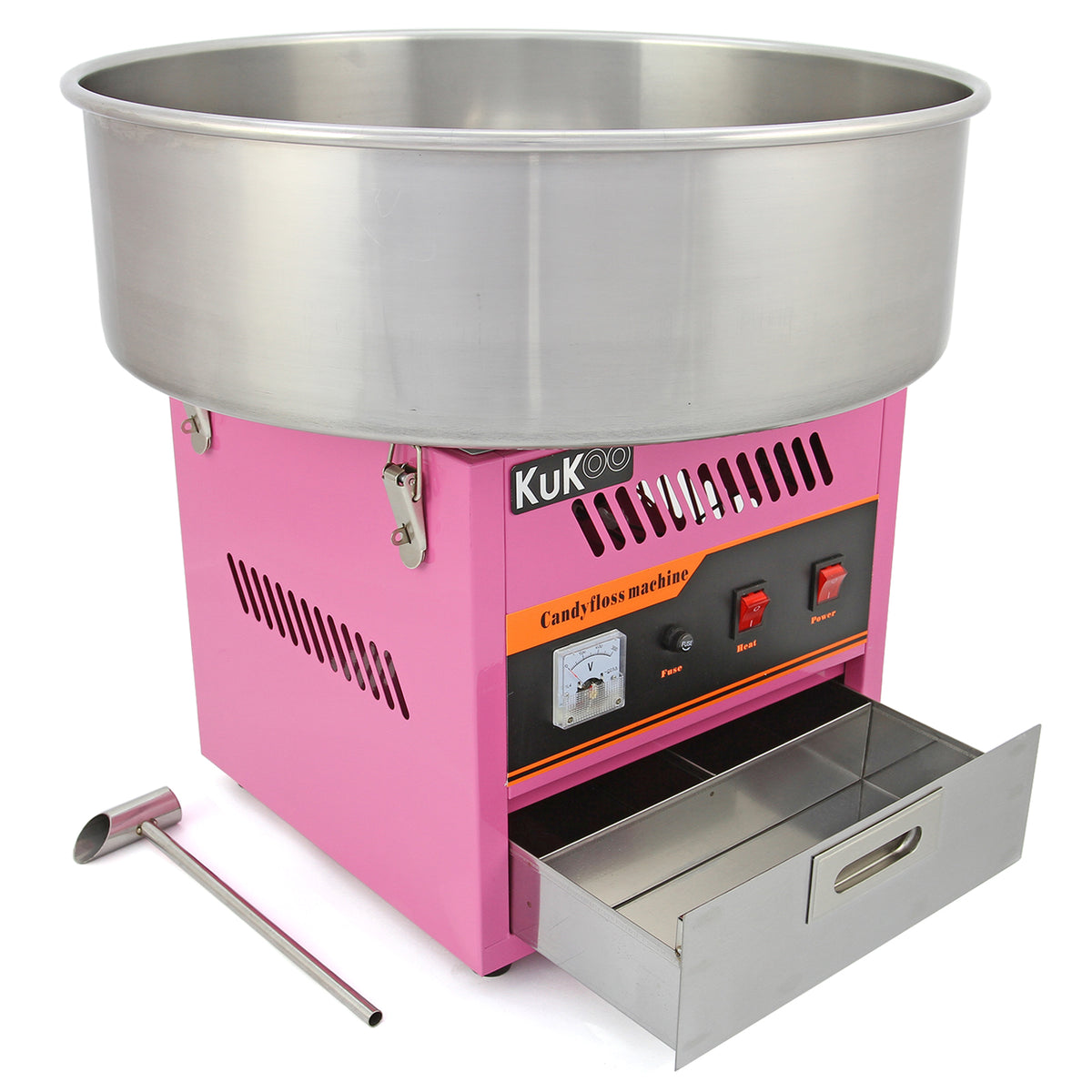 Máquina de algodón de azúcar KuKoo en color rosa brillante, con tazón de acero inoxidable y controles en la parte frontal