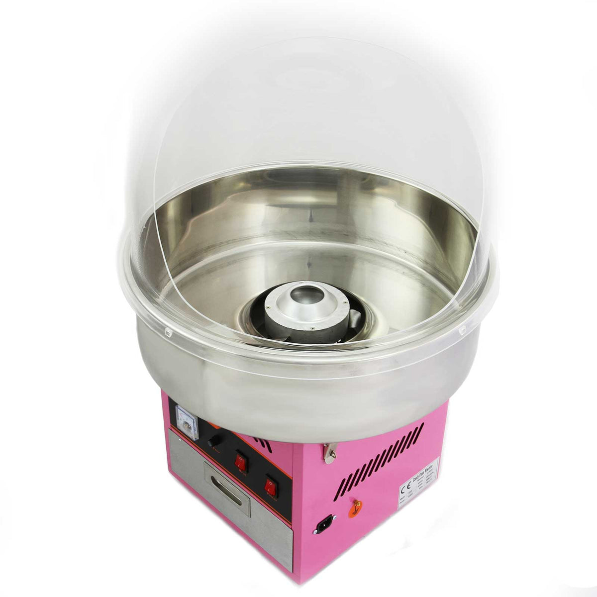 Máquina de algodón de azúcar en color rosa con cúpula protectora transparente y base de acero inoxidable brillante, ideal para fiestas
