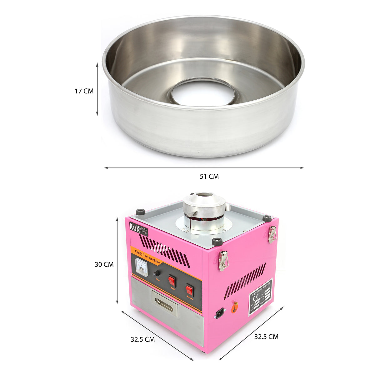 Máquina de algodón de azúcar KuKoo en color rosa, con un tazón de acero inoxidable de 51 cm de diámetro y 17 cm de altura