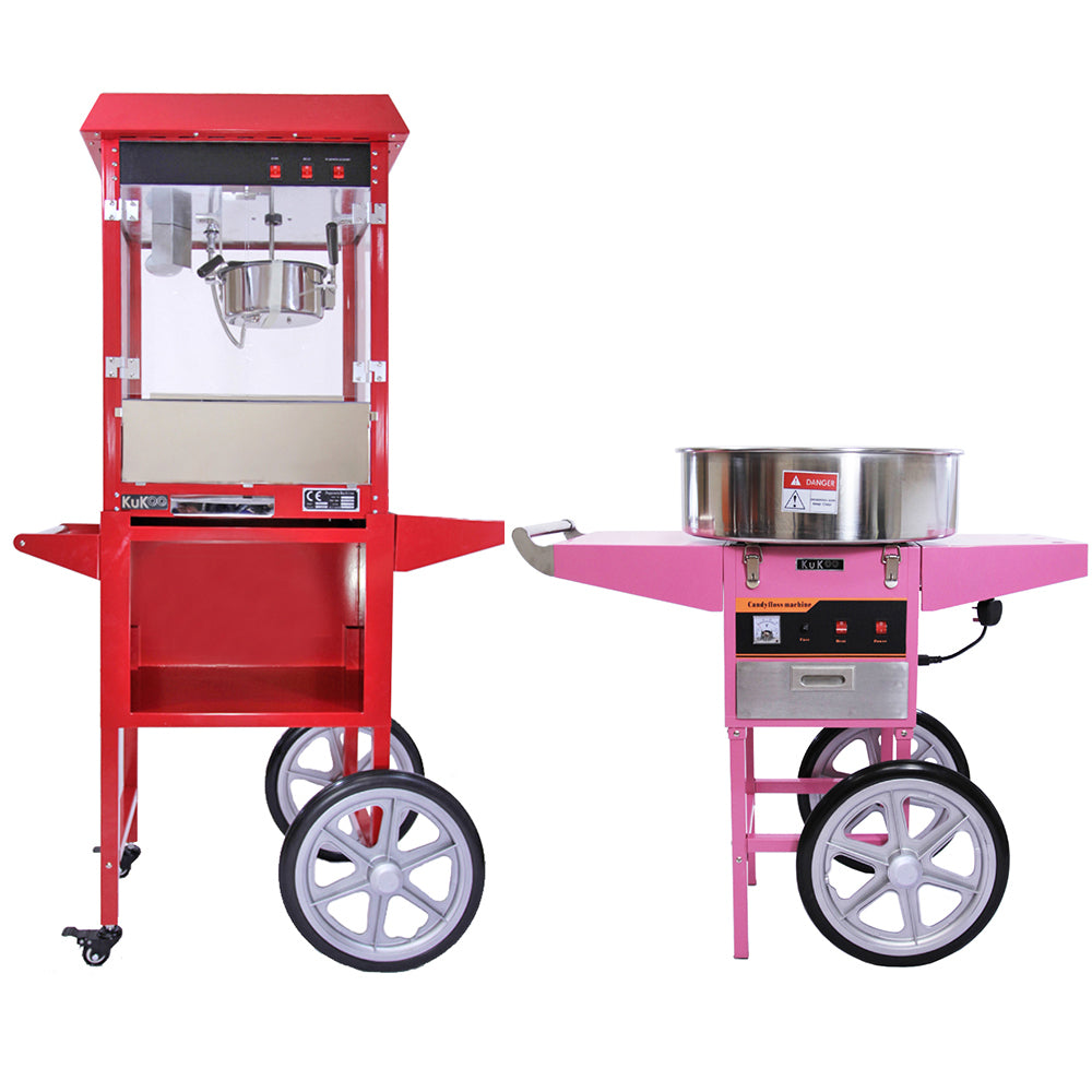 Máquina de palomitas roja y carrito de algodón de azúcar rosa, ambos con ruedas, ideales para fiestas y eventos, con acabados brillantes