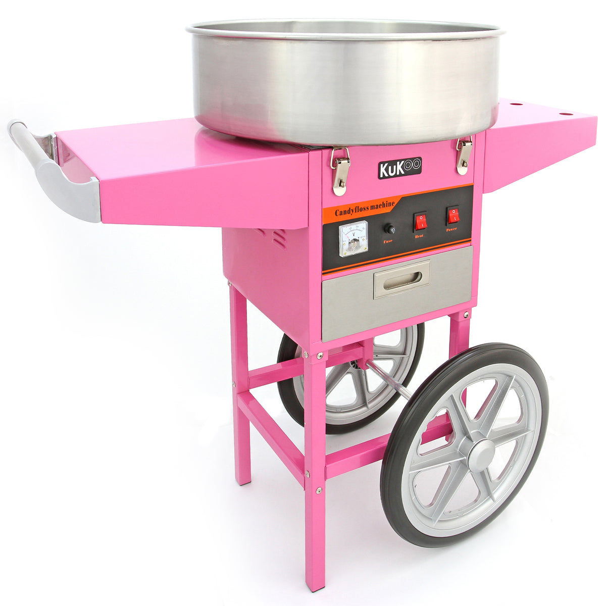 Máquina de algodón de azúcar KuKoo en color rosa brillante, con un tazón de acero inoxidable y carrito con ruedas para fácil movilidad