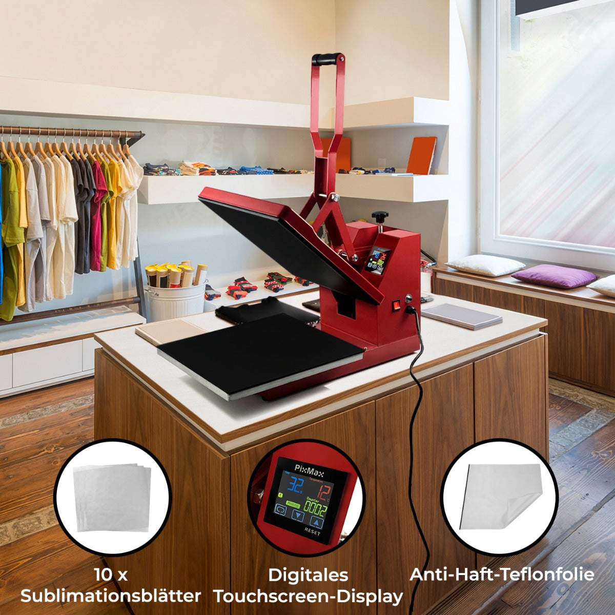 Prensa Térmica 38x38cm, lámina de PTFE y Papel de Sublimación