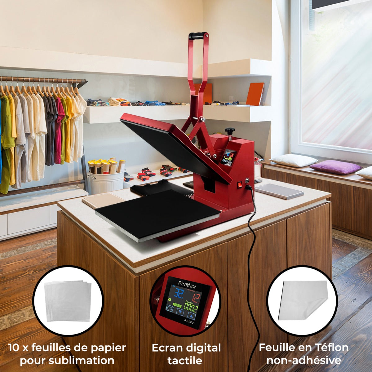 Prensa Térmica 38x38cm, lámina de PTFE y Papel de Sublimación