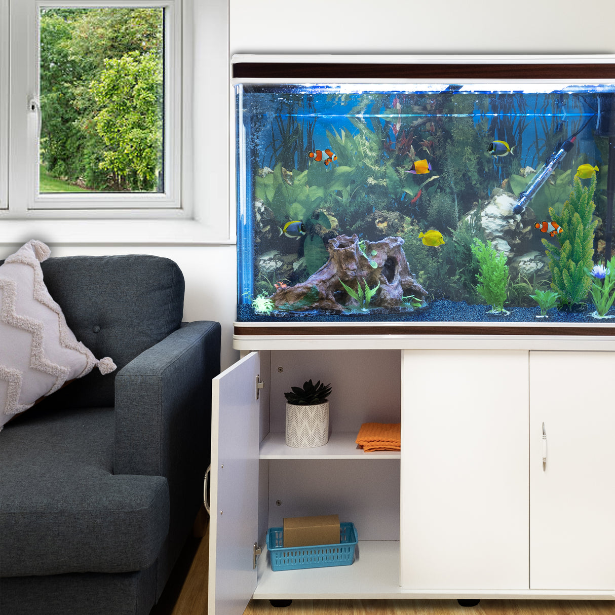 Acuario de 300L con Mueble Blanco, Accesorios y Grava Azul