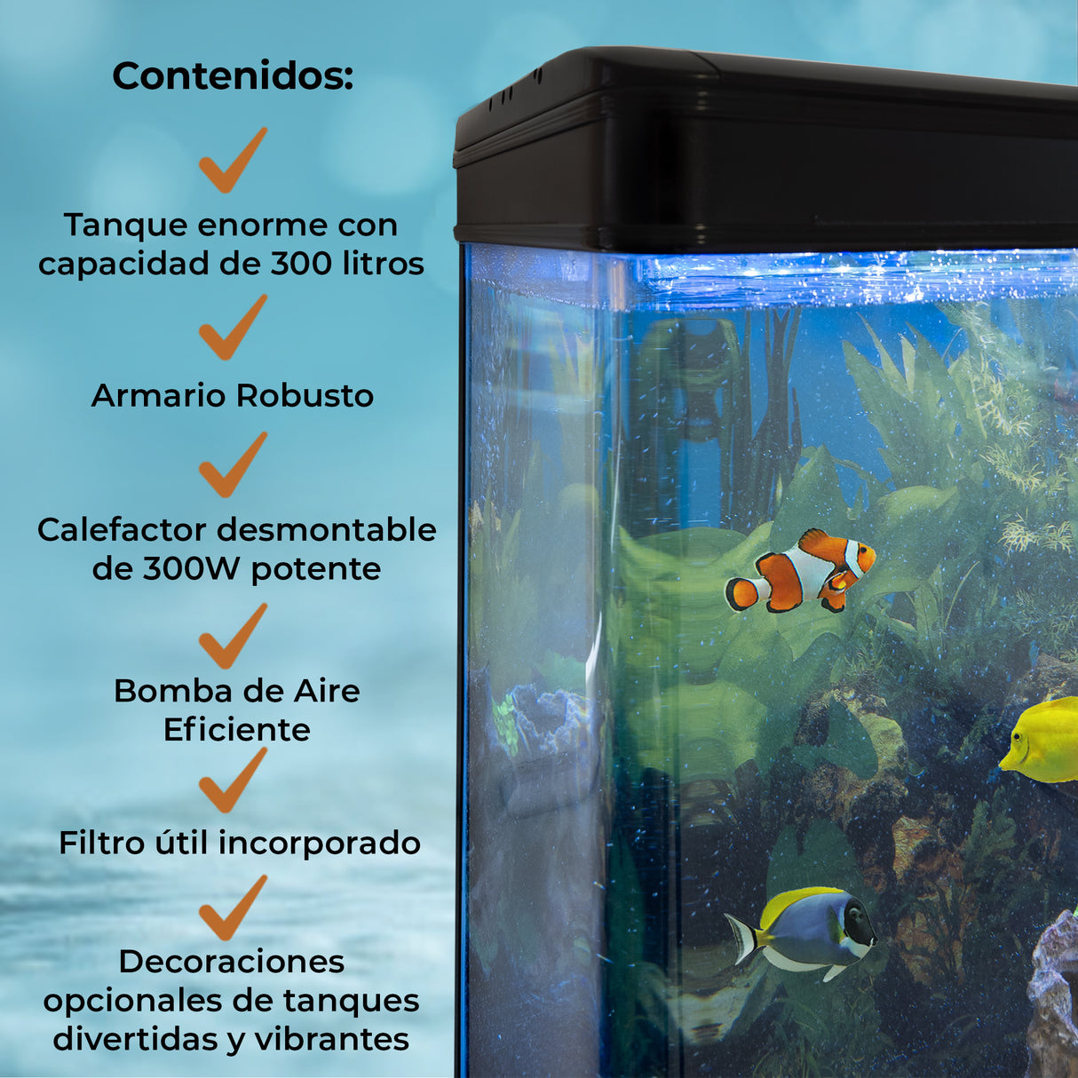 Acuario de 300L con Mueble Negro, Accesorios y Grava Blanca