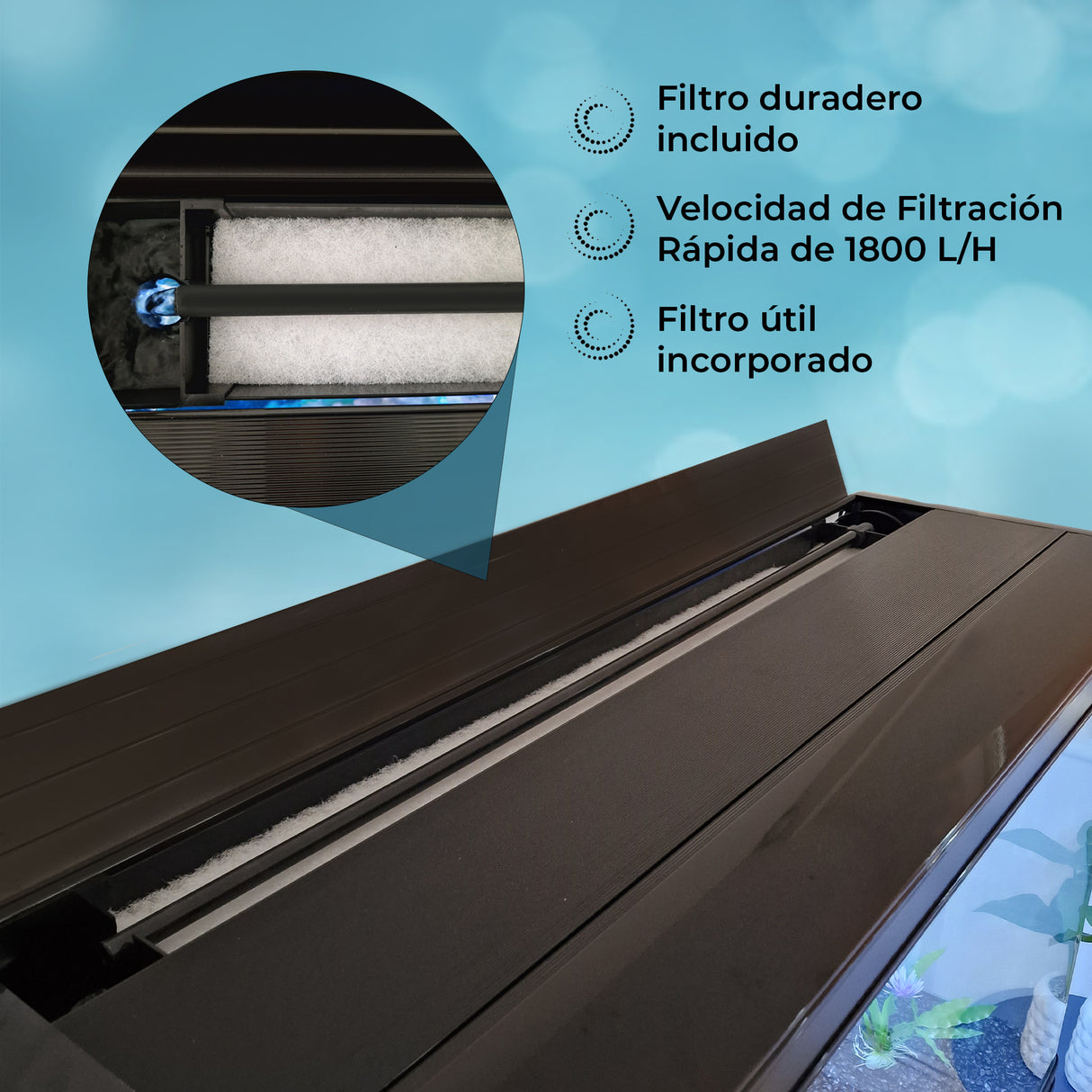 Acuario de 300L con Mueble Negro, Accesorios y Grava Blanca