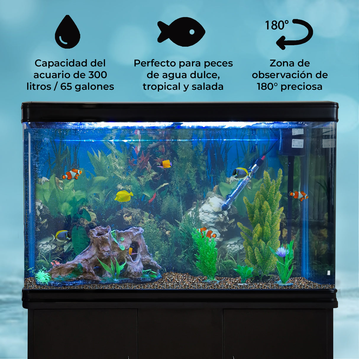 Acuario de 300L con Mueble Negro, Accesorios y Grava Natural