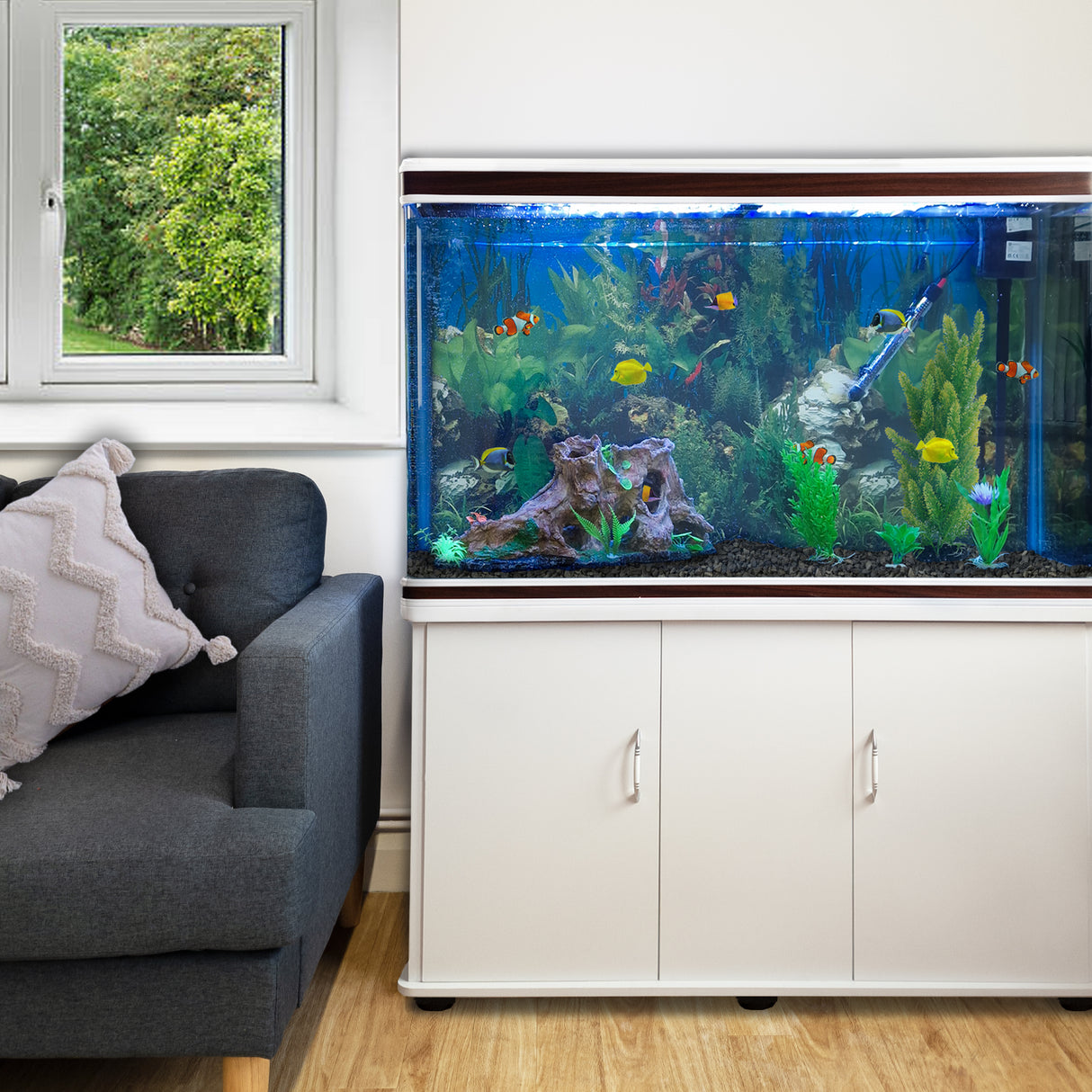 Acuario de 300L con Mueble Blanco, Accesorios y Grava Negra