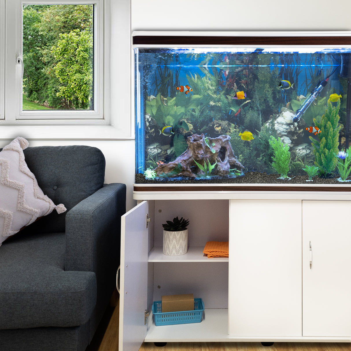 Acuario de 300L con Mueble Blanco, Accesorios y Grava Negra