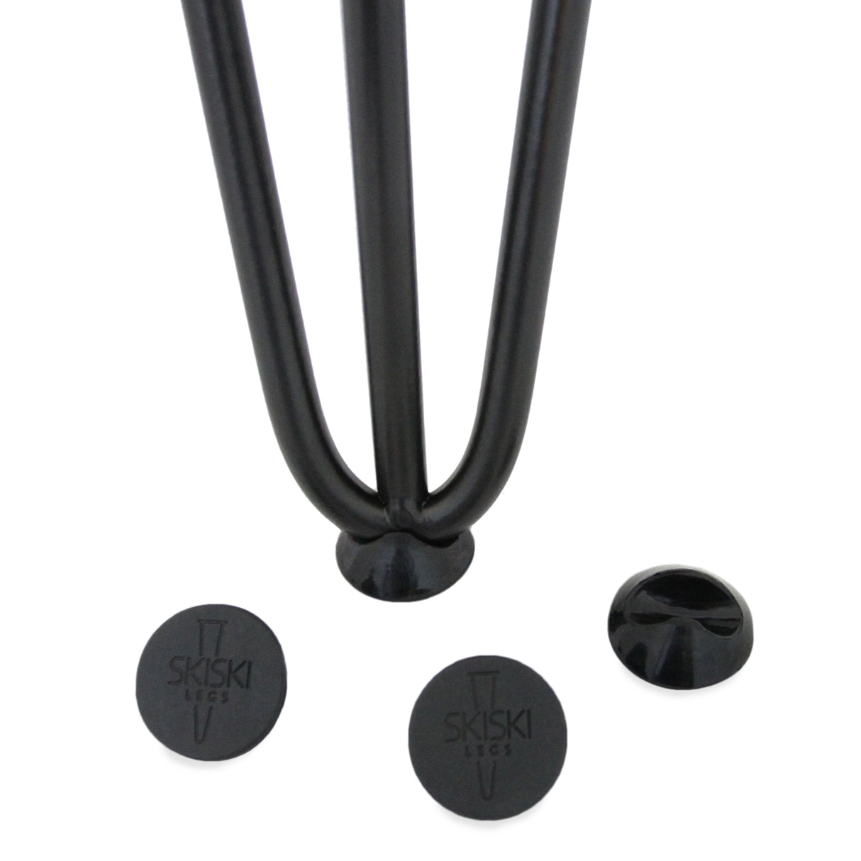 Protectores de patas de horquilla de 12 mm en color negro, con textura suave y diseño circular, ideales para muebles y suelos