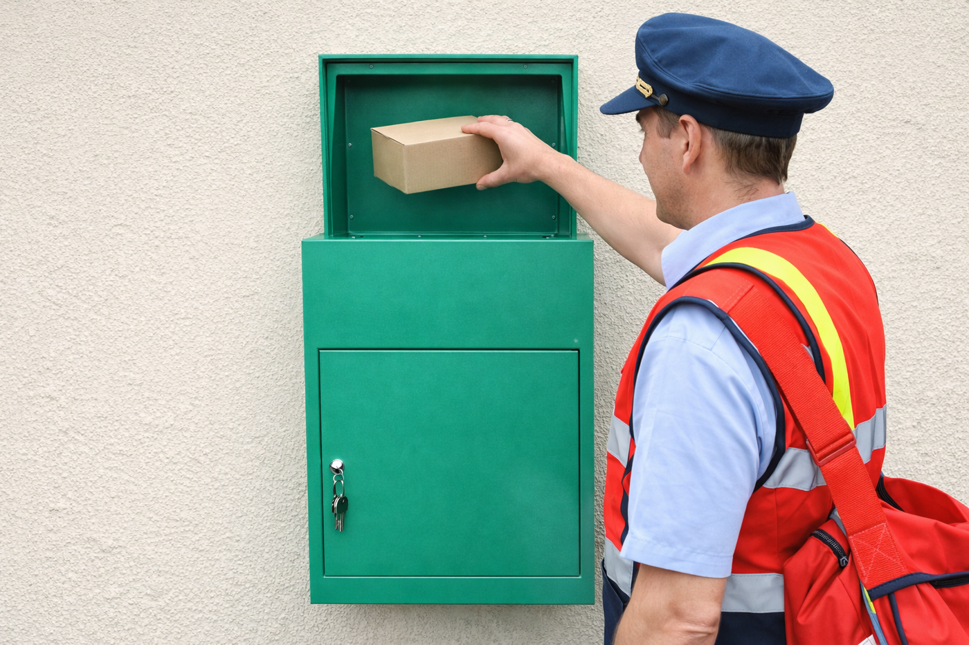 Cartero colocando un paquete marrón en un buzón verde, con uniforme azul y chaleco reflectante, fondo neutro claro