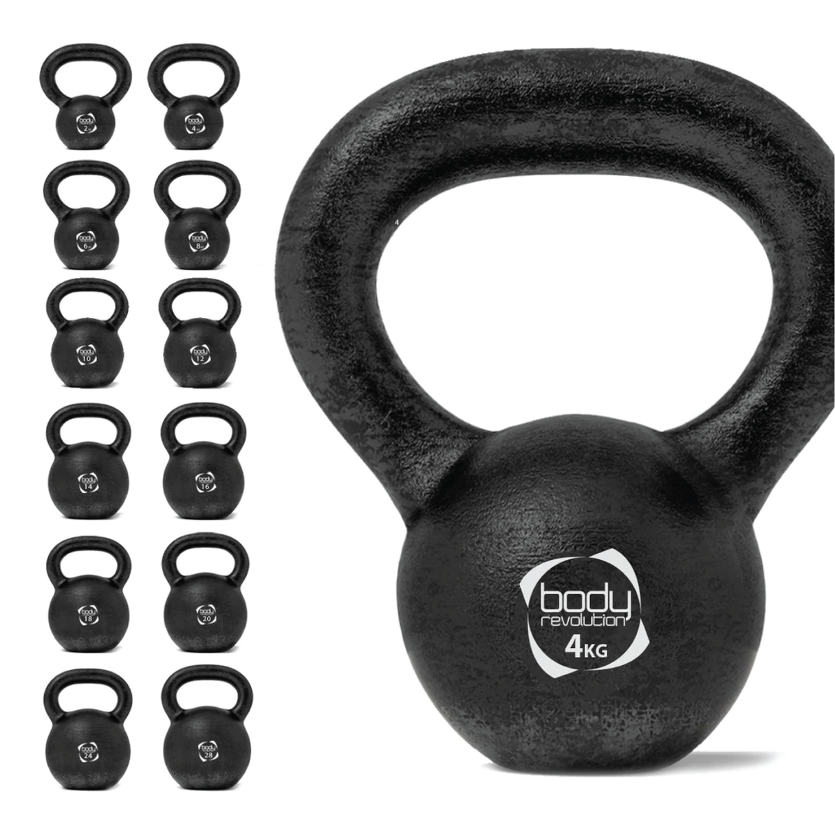 Pesa rusa kettlebell de hierro fundido de 4 kg, color negro mate, con un diseño robusto y un asa ergonómica para un agarre cómodo