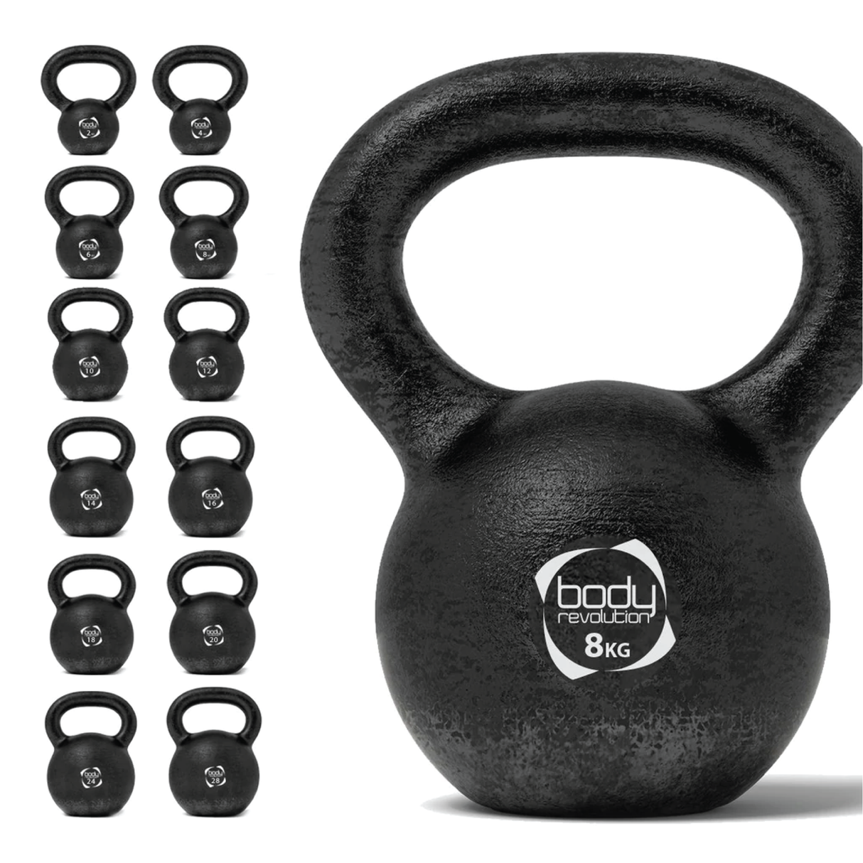 Pesa rusa kettlebell de hierro fundido de 8 kg, color negro mate, con un diseño robusto y un mango ergonómico para un agarre cómodo