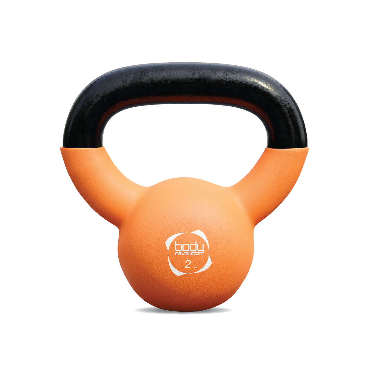 Pesa rusa kettlebell de neopreno naranja de 2kg con mango negro, diseño ergonómico y textura suave para un mejor agarre