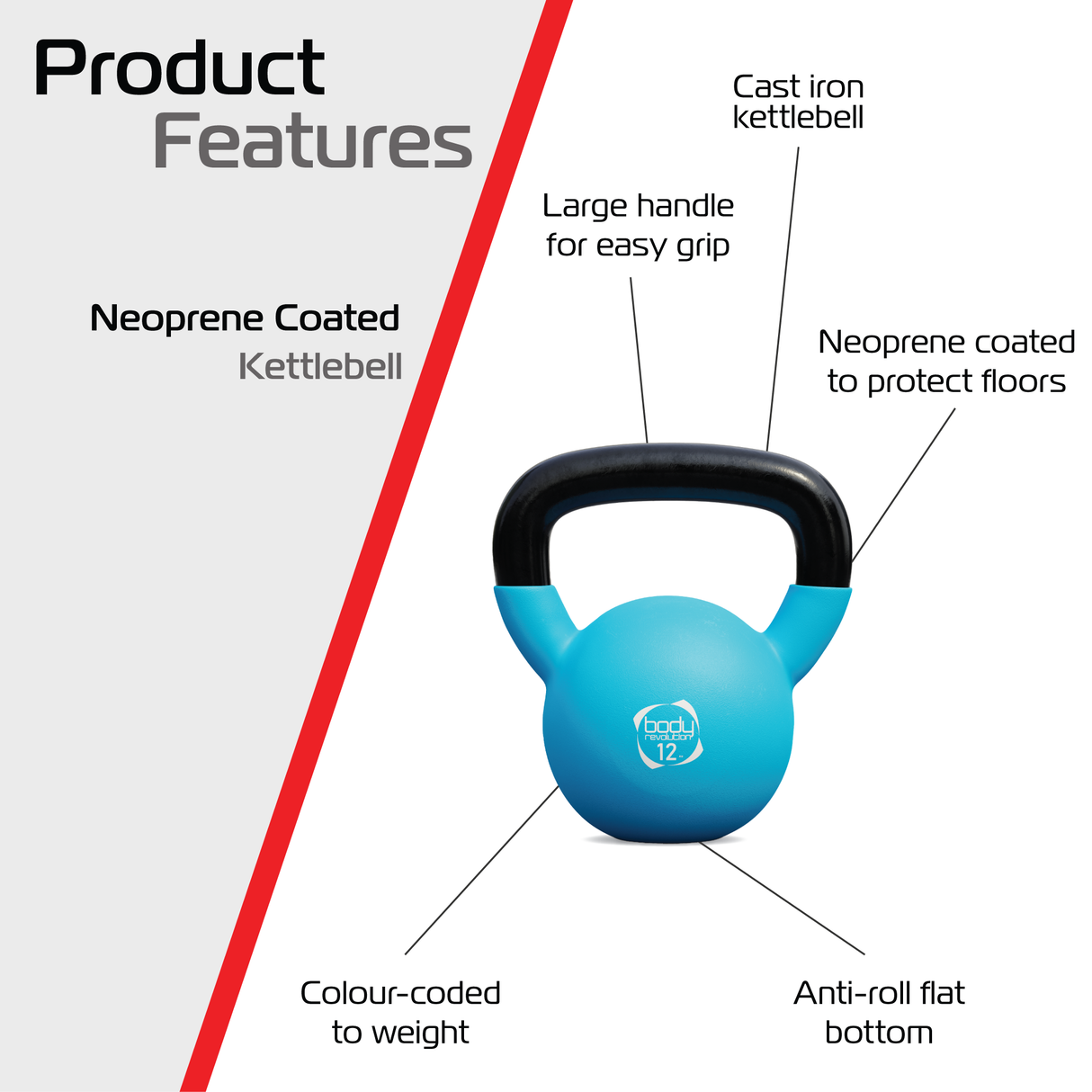 Pesa rusa kettlebell de neopreno azul de 12 kg con mango grande, base plana y recubrimiento que protege los suelos