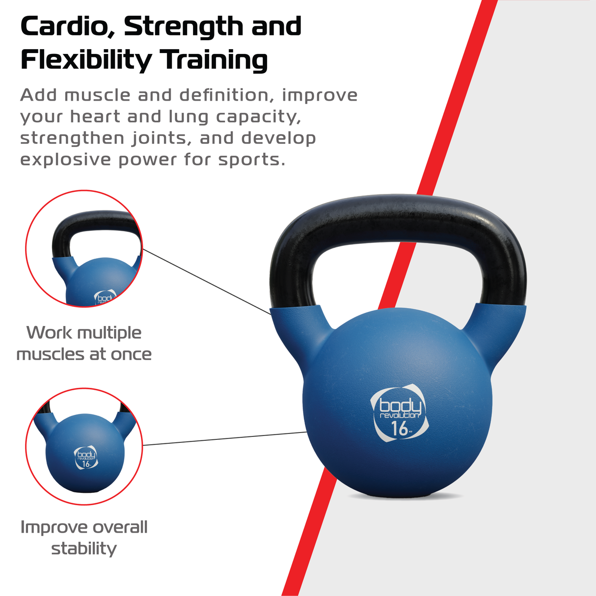 Pesa rusa kettlebell de neopreno azul de 16 kg con mango negro, ideal para entrenamiento de fuerza y resistencia