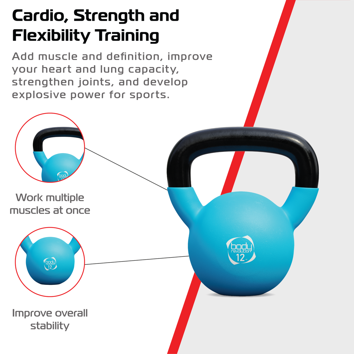 Pesa rusa kettlebell de neopreno azul de 12 kg con mango negro, ideal para entrenamiento de fuerza y resistencia en casa