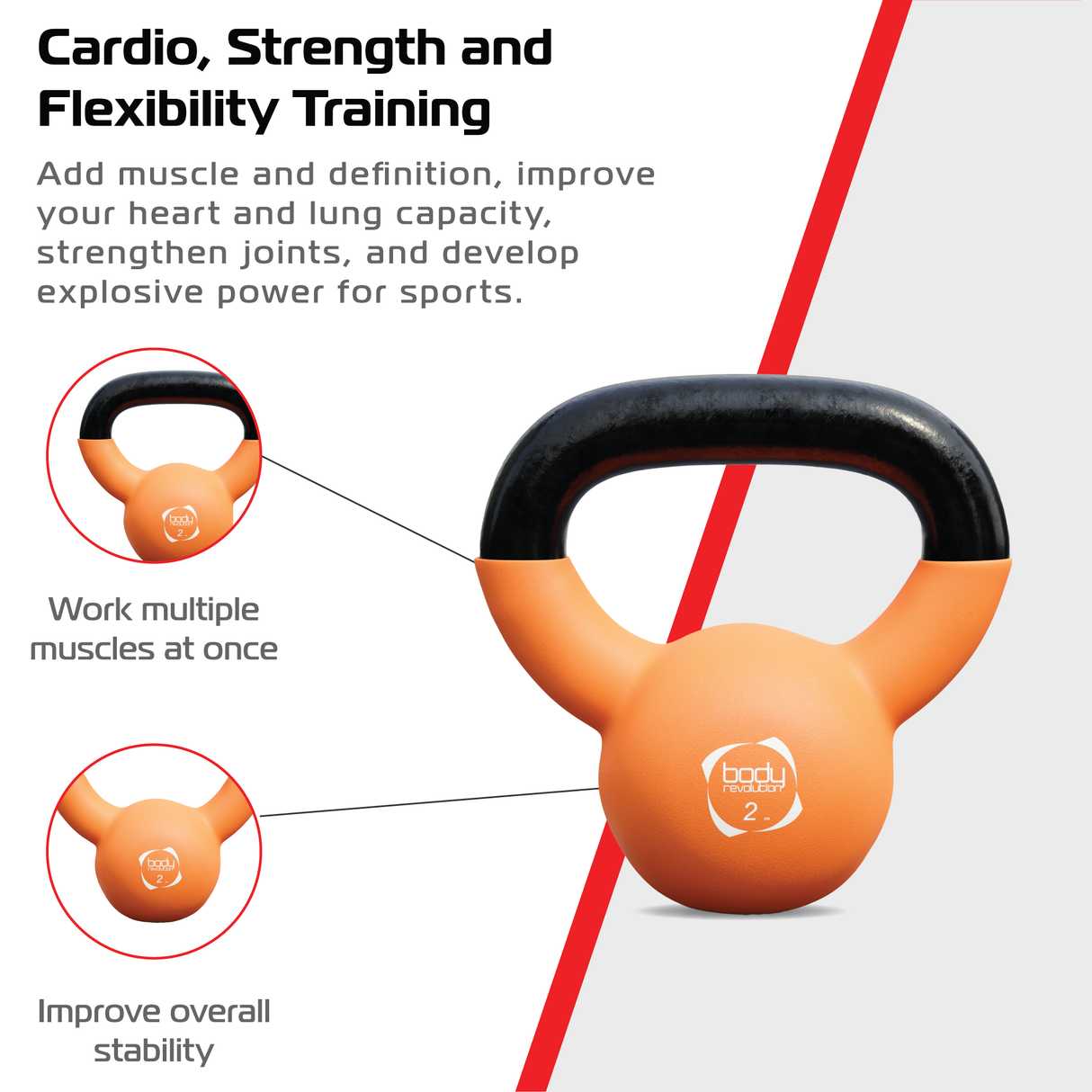 Pesa rusa kettlebell de neopreno naranja de 2 kg con mango negro, ideal para entrenamiento de fuerza y flexibilidad