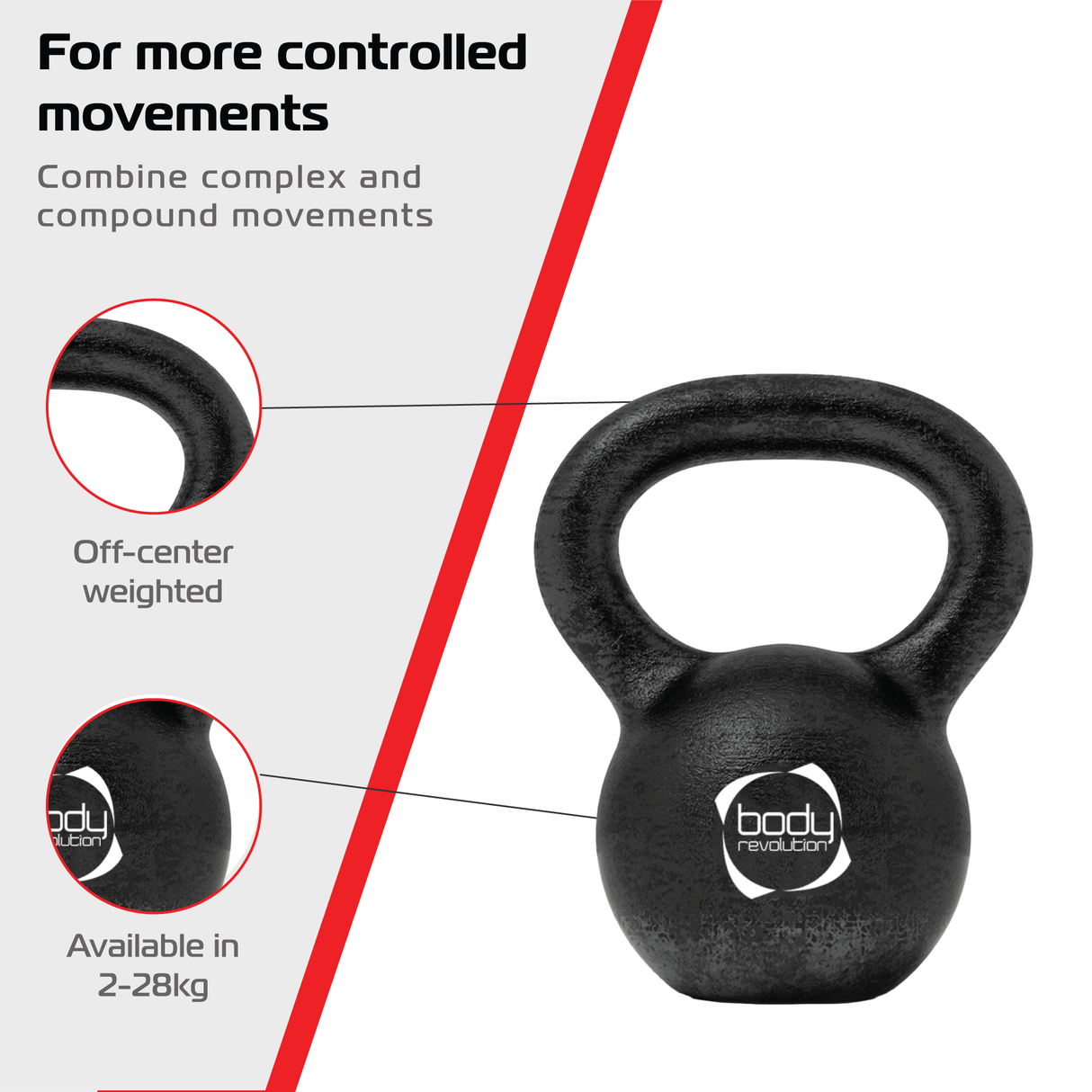 Pesa rusa kettlebell de hierro fundido de 4 kg, color negro mate, con diseño ergonómico y logotipo de Body Revolution en el centro