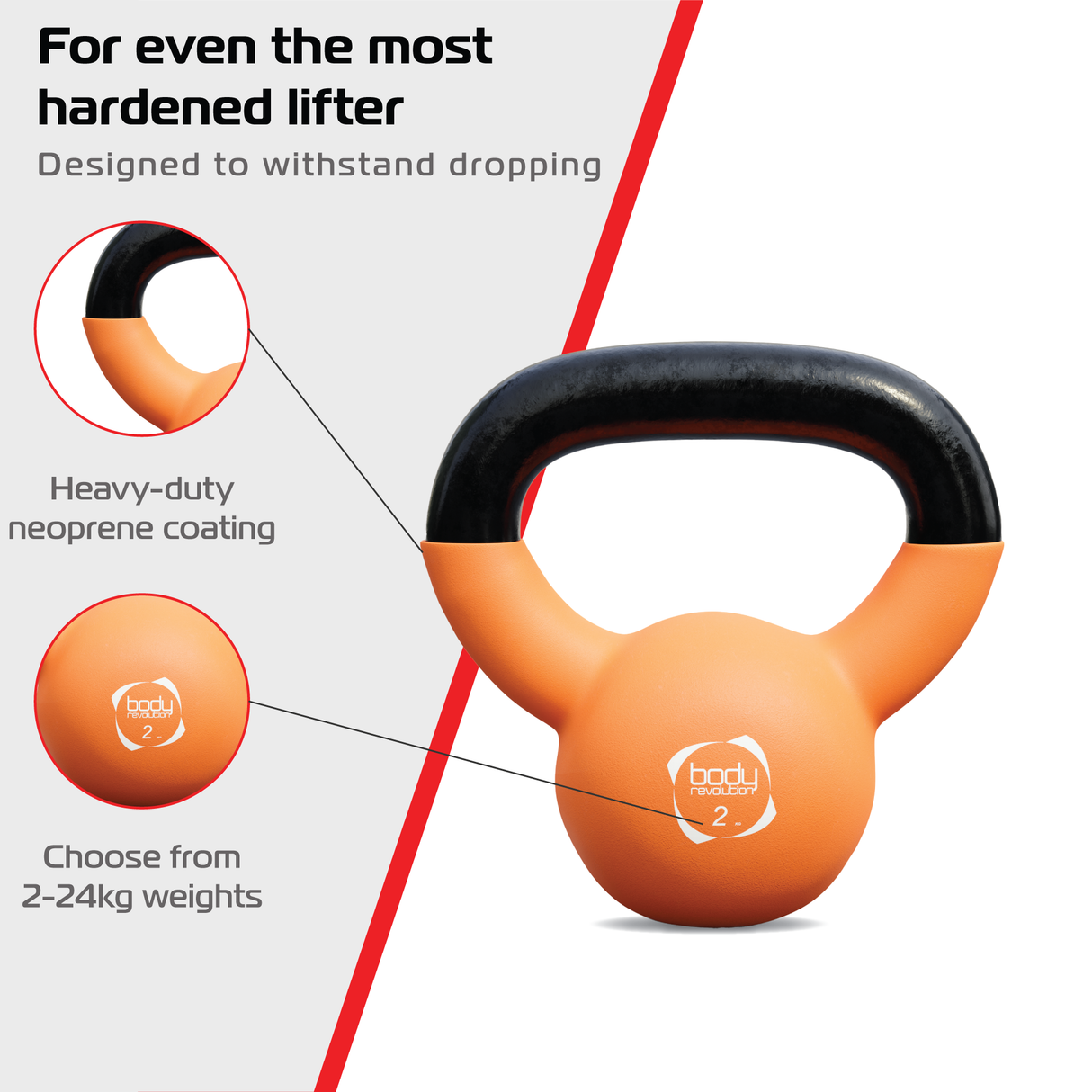 Kettlebell de neopreno naranja de 2kg con mango negro, ideal para entrenamiento, resistente y fácil de manejar en ejercicios de fuerza