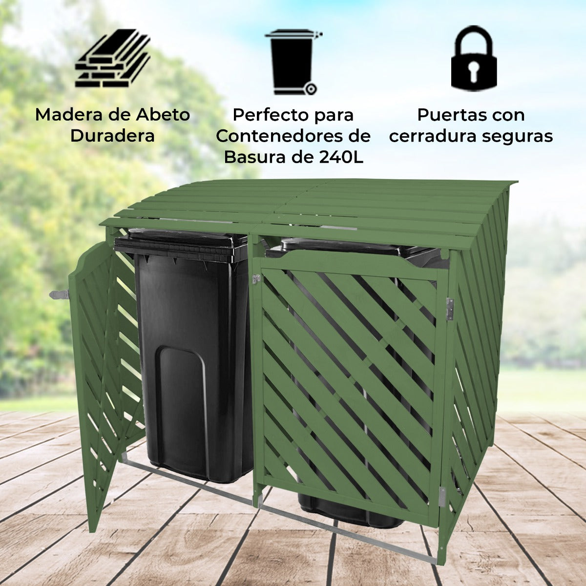 Doble Cobertizo Contenedor de Basura Madera Verde Salvia Almacenamiento Exterior