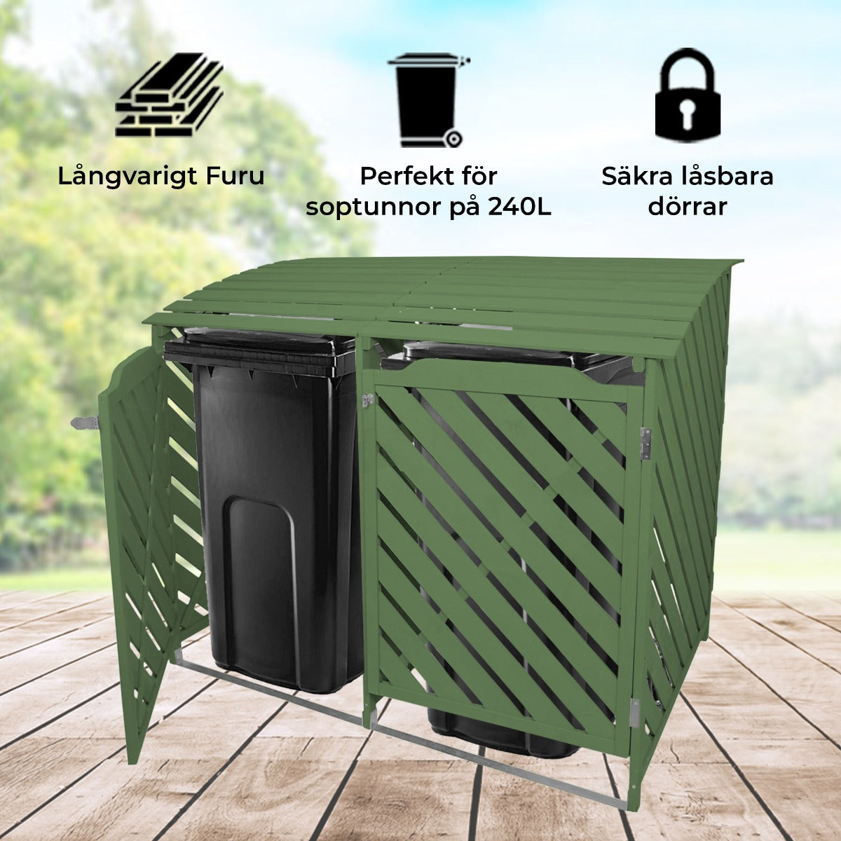 Doble Cobertizo Contenedor de Basura Madera Verde Salvia Almacenamiento Exterior