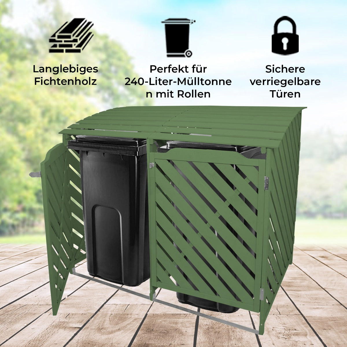 Doble Cobertizo Contenedor de Basura Madera Verde Salvia Almacenamiento Exterior