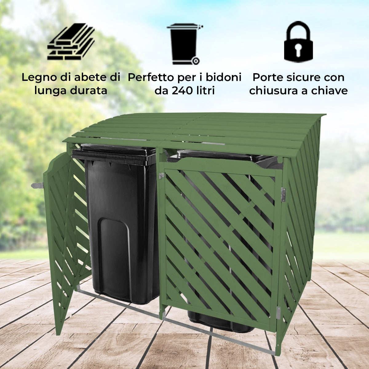 Doble Cobertizo Contenedor de Basura Madera Verde Salvia Almacenamiento Exterior