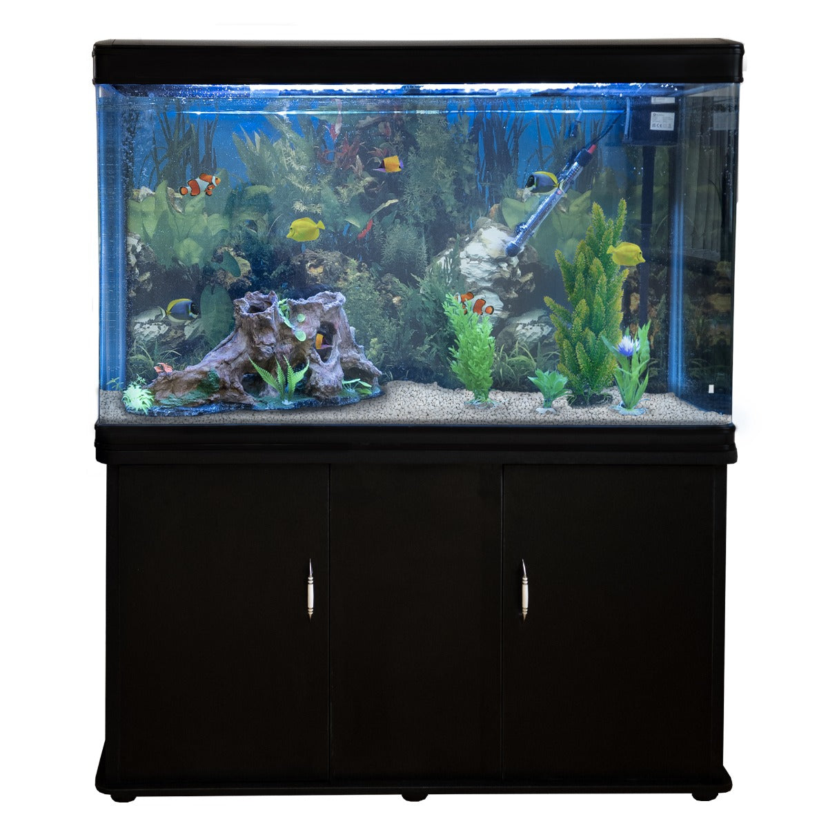 Acuario de 300L con Mueble Negro, Accesorios y Grava Blanca