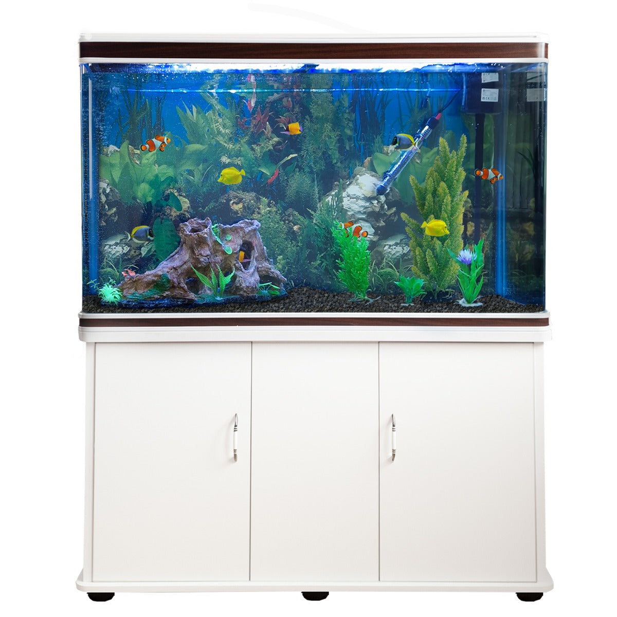 Acuario de 300L con Mueble Blanco, Accesorios y Grava Negra
