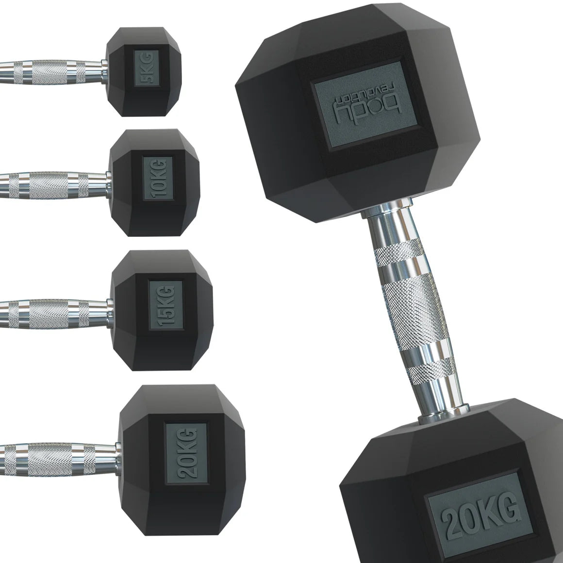 Mancuernas hexagonales de 8 kg con acabado negro mate y mango de acero antideslizante, ideales para entrenamiento de fuerza