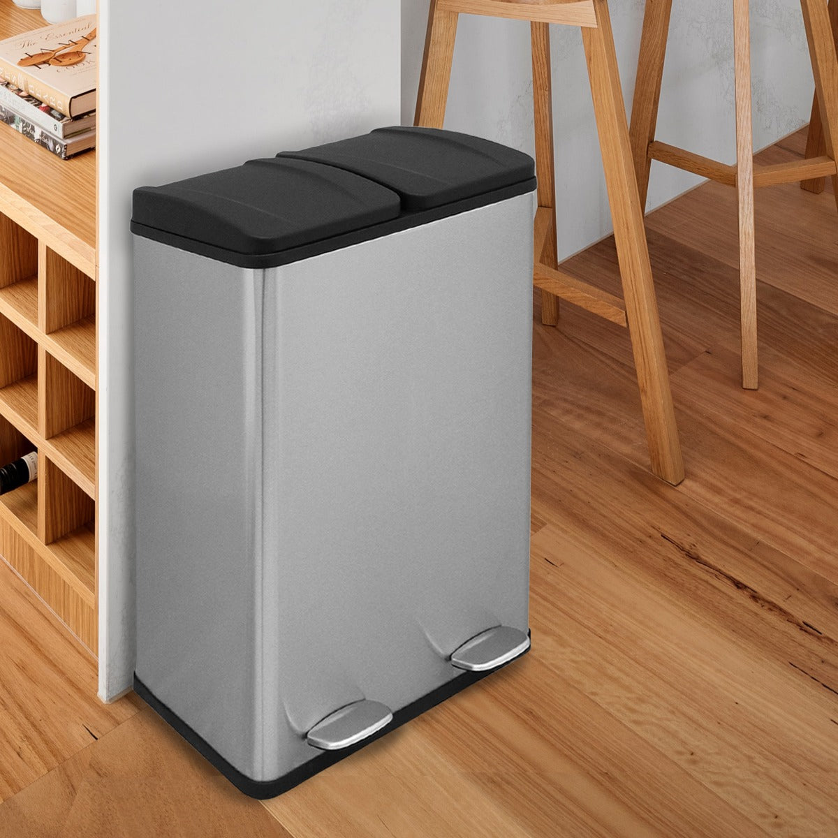 Cubo de Basura con Pedal Doble 2x30L Reciclaje, Plata