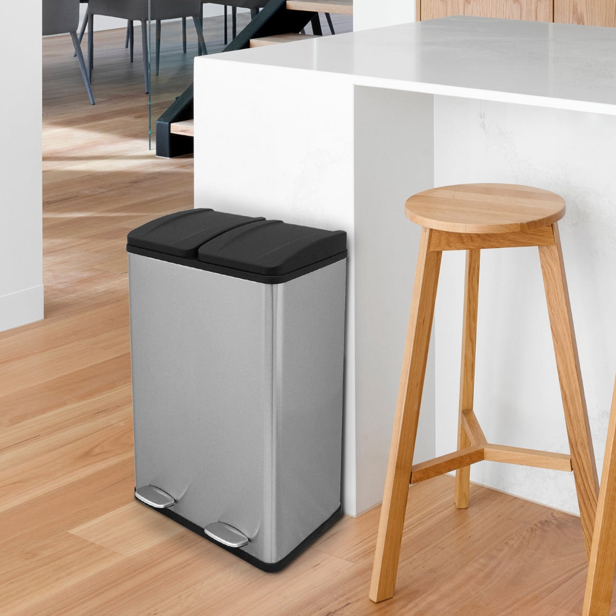 Cubo de Basura con Pedal Doble 2x30L Reciclaje, Plata