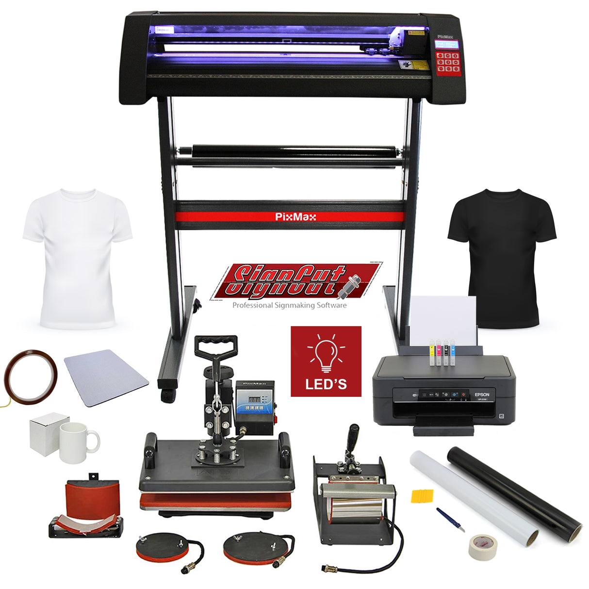 Kit Prensa de Calor 5en1 Combo + Plotter de Corte de Vinilo LED + Prensa Térmica para Sublimación de Tazas y Camisetas + Impresora