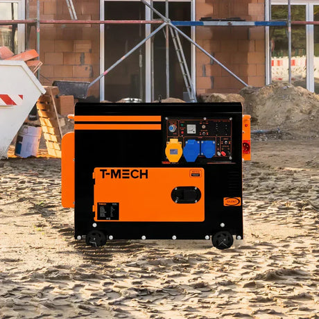 Generador T-MECH negro y naranja, con panel de control azul, ruedas y fondo de construcción con tierra y ladrillos