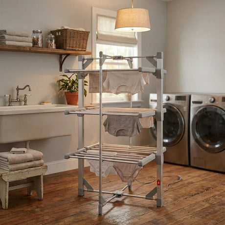 Tendedero eléctrico gris con ropa interior blanca secándose en una habitación iluminada, con lavadoras y estanterías de madera al fondo