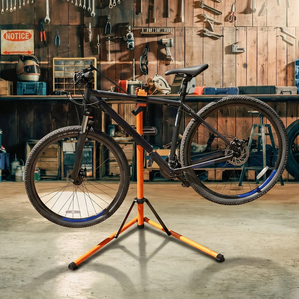 Soporte de reparación para bicicletas en un taller, con una bicicleta negra montada, fondo de herramientas y madera clara