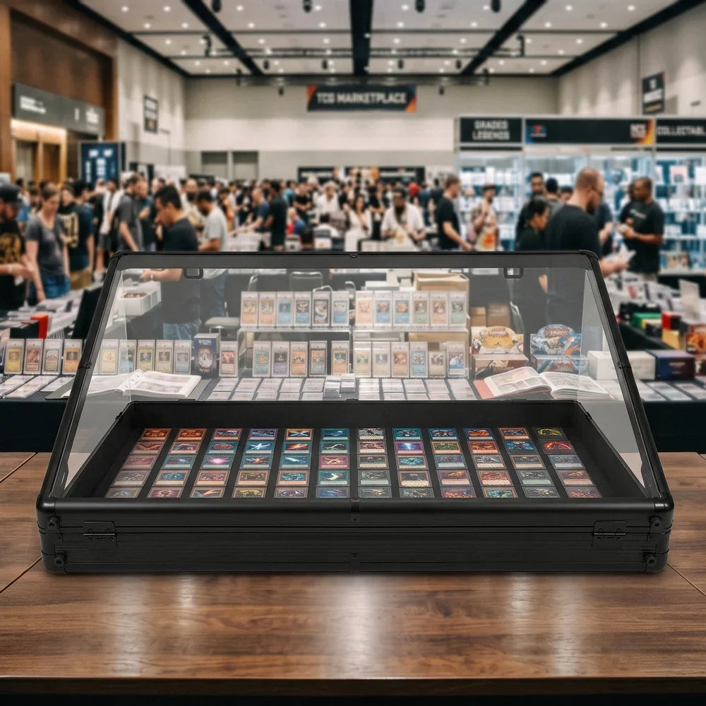 Vitrina con cerradura de madera negra y tapa de vidrio, exhibiendo cartas coleccionables en un evento concurrido de cartas