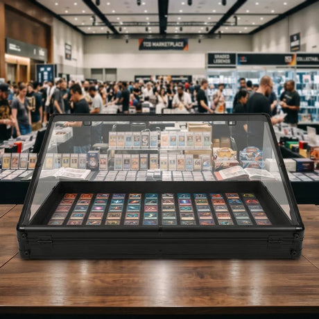 Vitrina con cerradura de madera negra y tapa de vidrio, exhibiendo cartas coleccionables en un evento concurrido de cartas