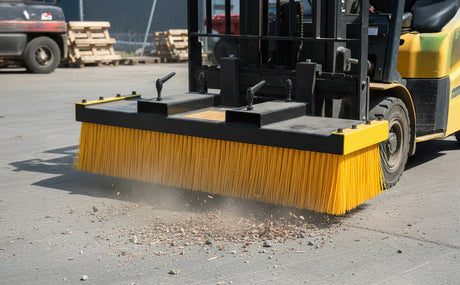 Cepillo de carretilla elevadora con cerdas amarillas, limpiando escombros en un suelo de concreto gris, ideal para mantenimiento industrial