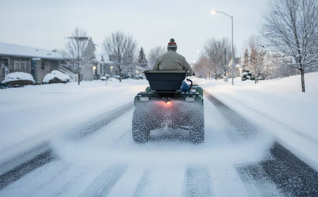 Hombre en quad esparciendo sal sobre una calle nevada, rodeado de árboles y casas cubiertas de nieve en un día nublado