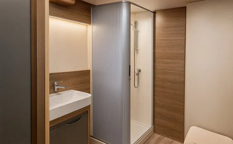 Ducha tipo tambour en baño de furgoneta camper, con paneles de vidrio translúcido y acabados en madera clara y beige