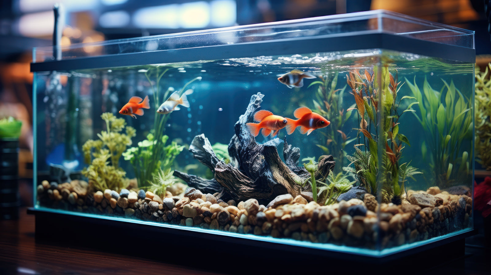 Acuario de vidrio con peces de colores, plantas verdes y rocas, creando un ambiente sereno y natural para el bienestar mental