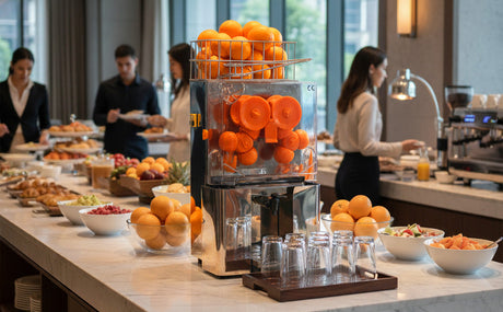 Exprimidor de cítricos profesional con naranjas frescas, en un buffet elegante con platos coloridos y vasos de cristal en la mesa