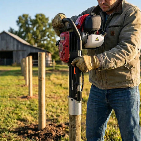 Hombre usando un hincapostes de gasolina en un campo, con postes de madera y un granero de fondo, vestido con guantes y chaqueta