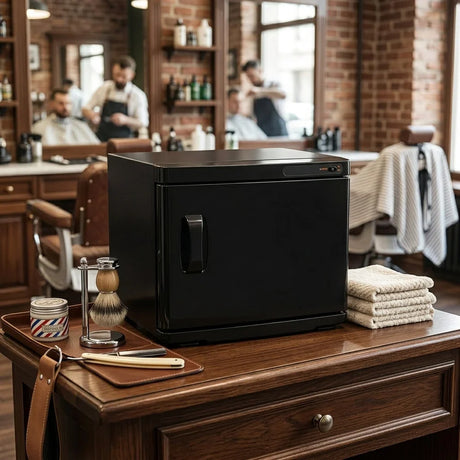 Calentador de toallas negro en una mesa de barbería, junto a toallas blancas, un frasco y un set de afeitado elegante