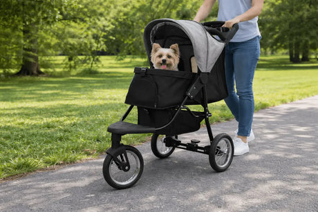 Carrito para mascotas negro con detalles grises, paseando por un parque, con un perro pequeño feliz en su interior