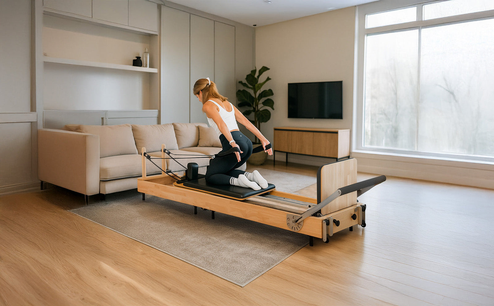 Mujer realizando ejercicios en un reformador de pilates de madera clara, en una sala moderna con luz natural y muebles neutros