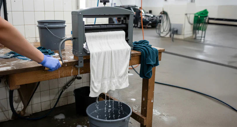 Escurridor manual en acción, con ropa blanca goteando agua, fondo de taller con herramientas y superficies limpias y brillantes