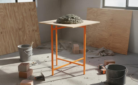 Soporte para mortero de metal naranja con una base de madera, rodeado de ladrillos y herramientas en un taller de bricolaje